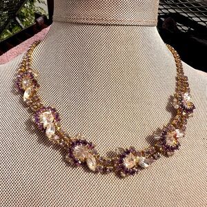 Vintage Purple Rhinestone Statement Necklace Mid-Century Glam Choker / Collar